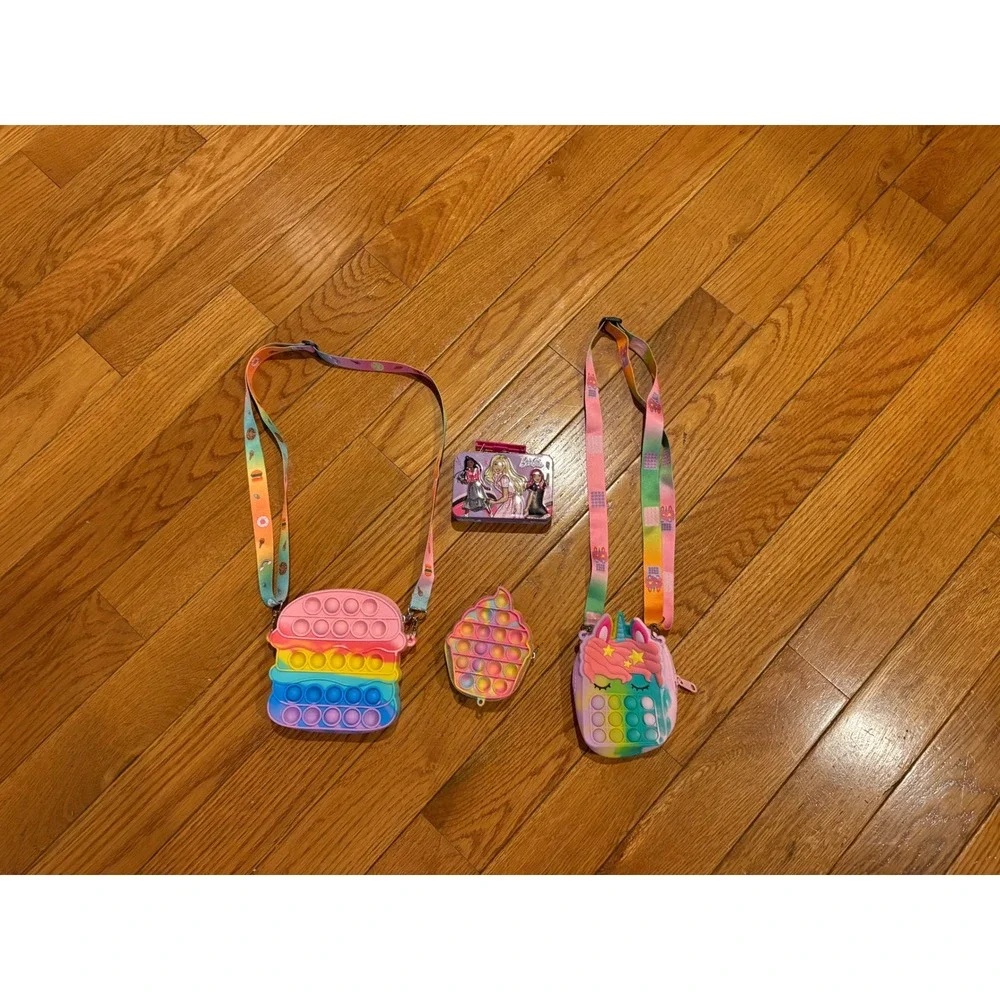 Kids Pop It Purse Set Unicorn Ice Cream‎ Hamburger Bag & Barbie Tin Lunch Box